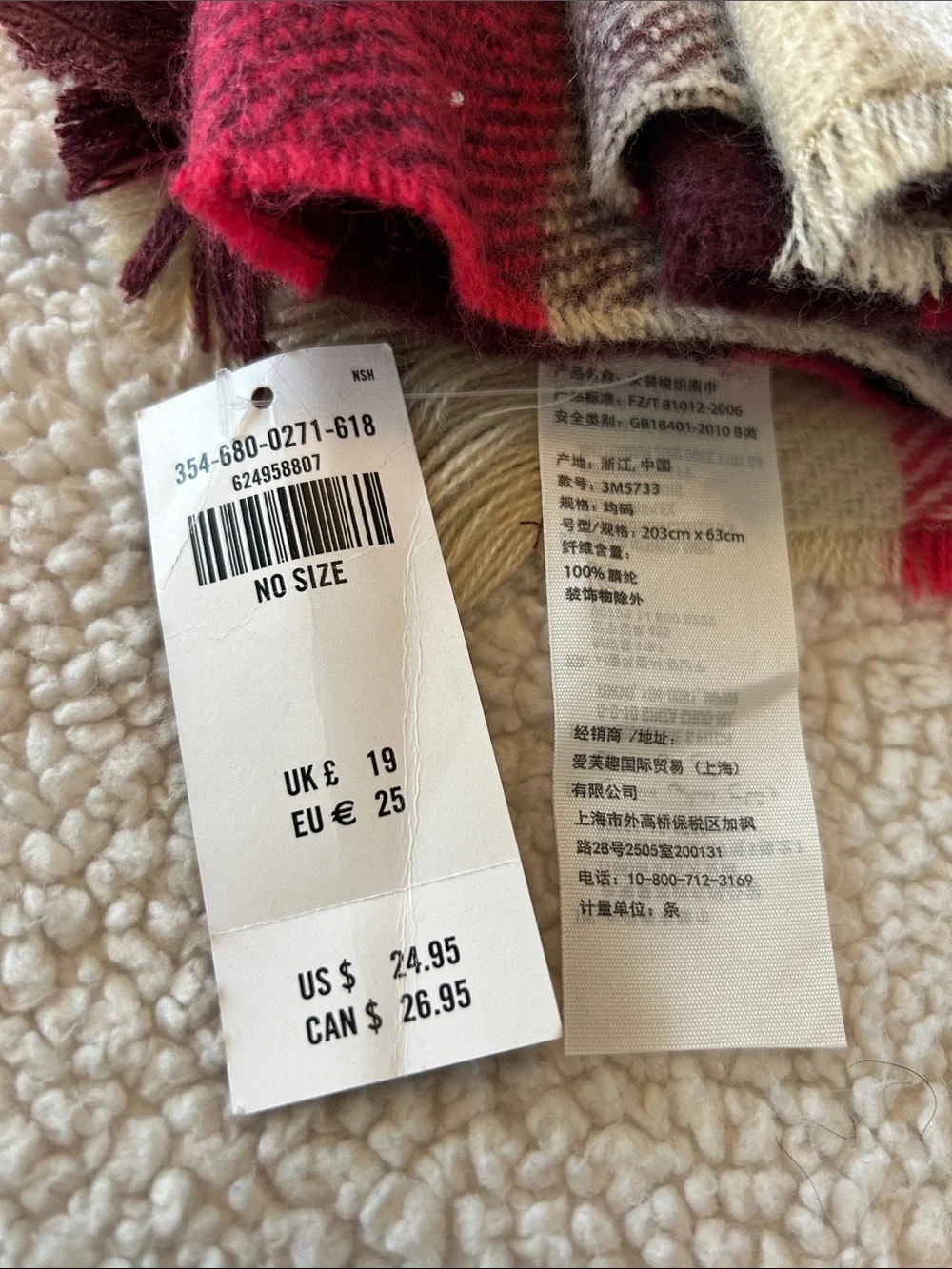 Hollister Pink and Cream Plaid Fringe Scarf